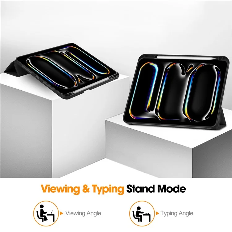 Para iPad Pro 11 (2024) Capa de Couro à Prova de Queda Com Suporte Tri-fold e Slot para Caneta - Preto