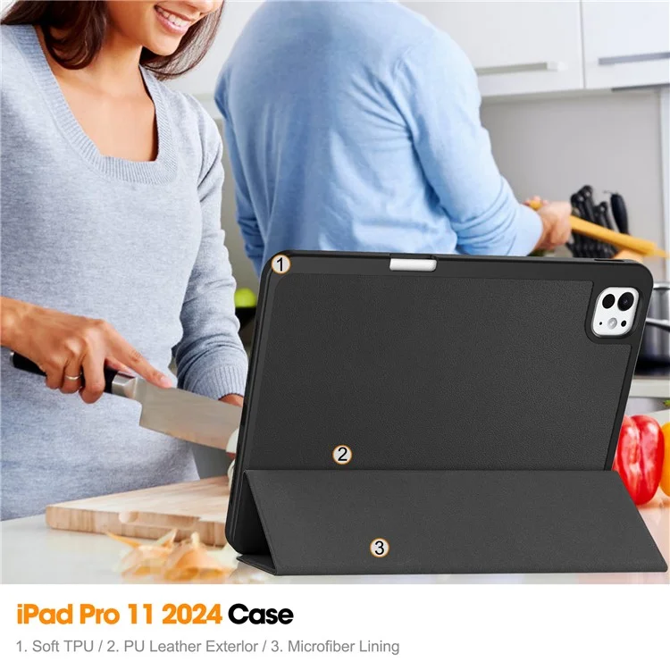 Para iPad Pro 11 (2024) Capa de Couro à Prova de Queda Com Suporte Tri-fold e Slot para Caneta - Preto