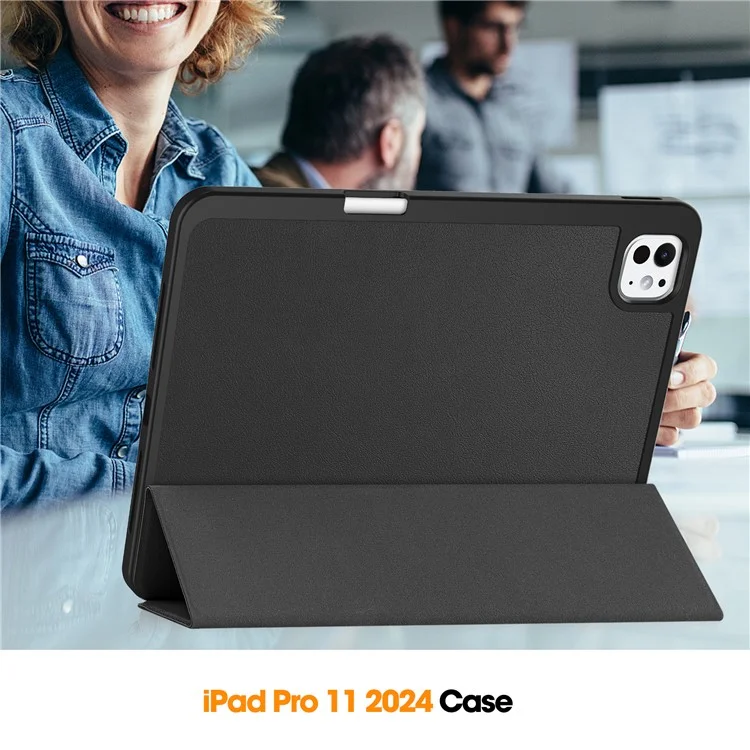 Para iPad Pro 11 (2024) Capa de Couro à Prova de Queda Com Suporte Tri-fold e Slot para Caneta - Preto