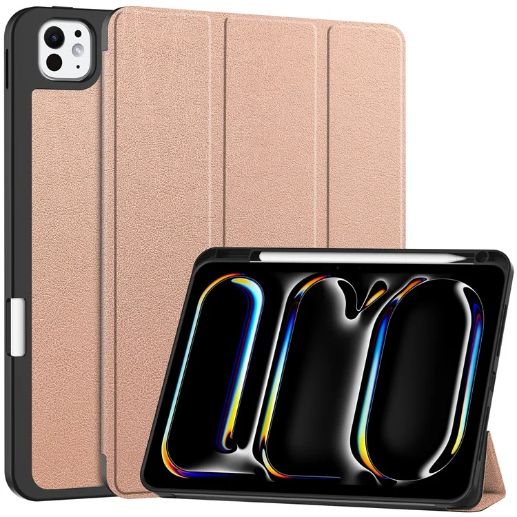 For iPad Pro 11 (2024) Leather Case Drop-proof Tri-fold Stand Tablet Cover with Pen Slot - Rose Gold