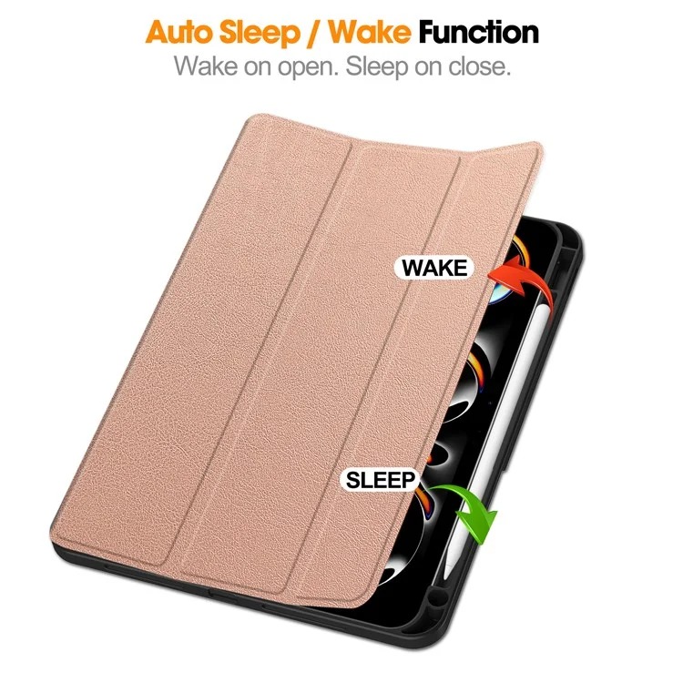 For iPad Pro 11 (2024) Leather Case Drop-proof Tri-fold Stand Tablet Cover with Pen Slot - Rose Gold