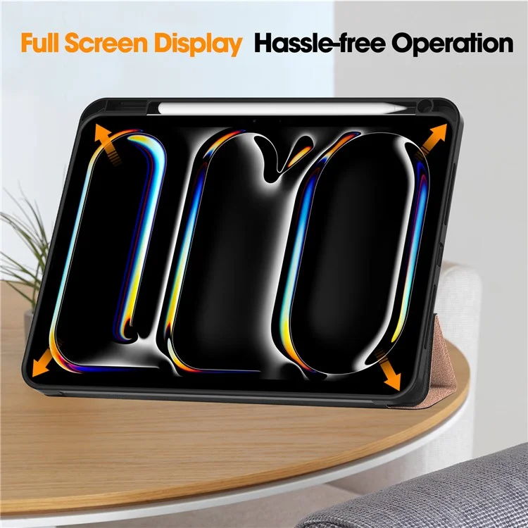 For iPad Pro 11 (2024) Leather Case Drop-proof Tri-fold Stand Tablet Cover with Pen Slot - Rose Gold