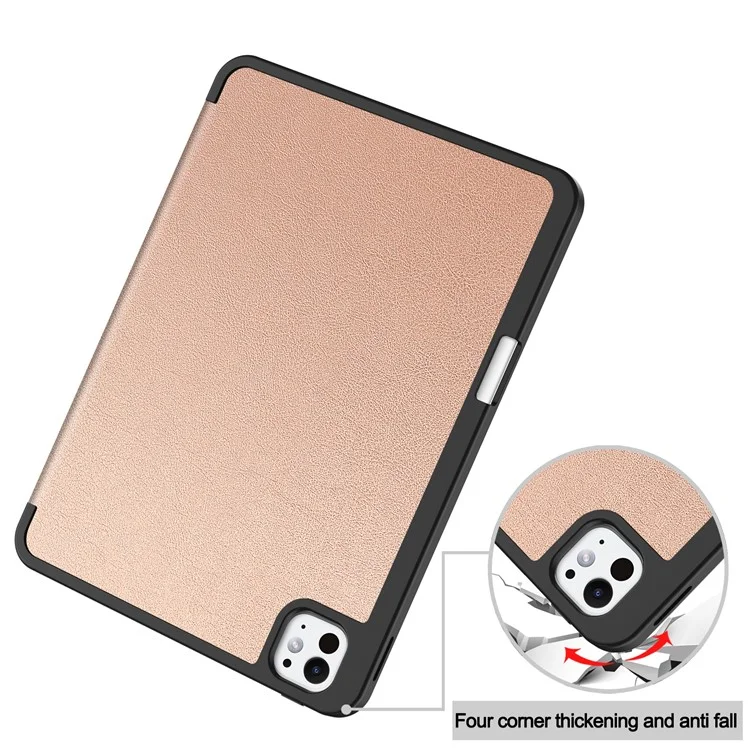 For iPad Pro 11 (2024) Leather Case Drop-proof Tri-fold Stand Tablet Cover with Pen Slot - Rose Gold