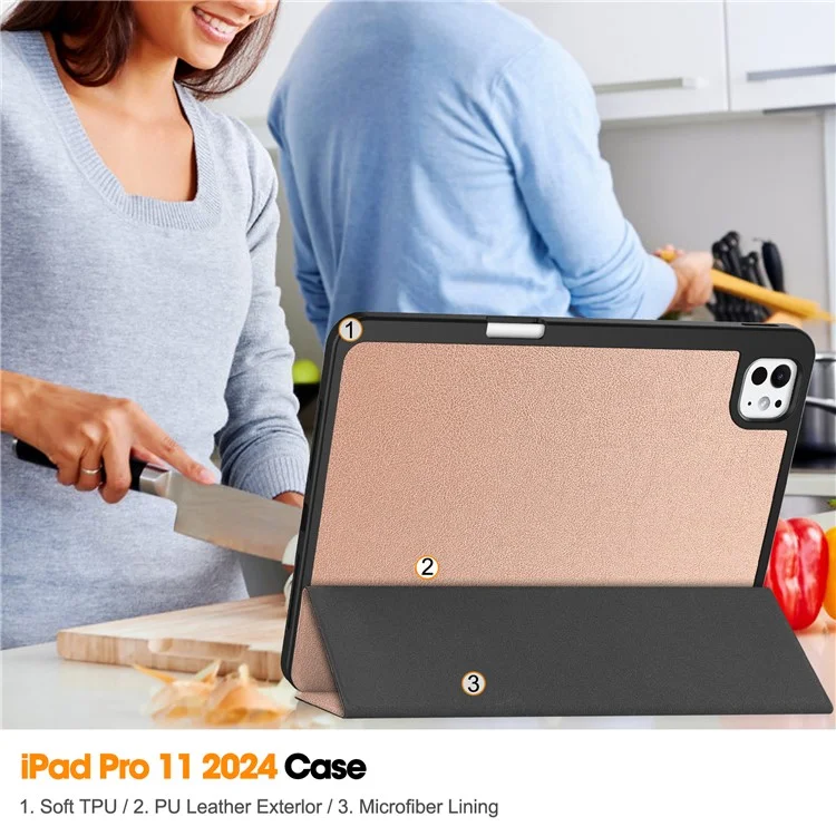 For iPad Pro 11 (2024) Leather Case Drop-proof Tri-fold Stand Tablet Cover with Pen Slot - Rose Gold