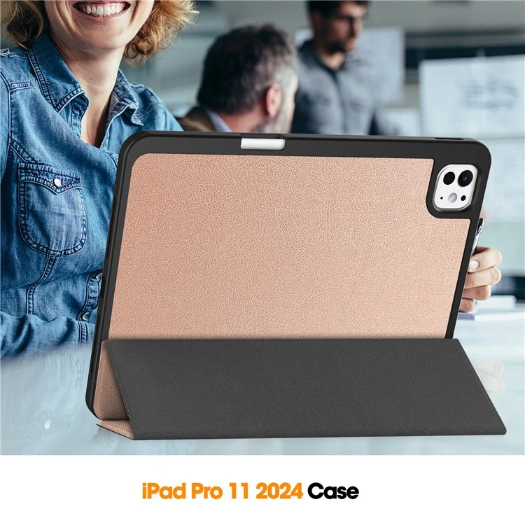 For iPad Pro 11 (2024) Leather Case Drop-proof Tri-fold Stand Tablet Cover with Pen Slot - Rose Gold