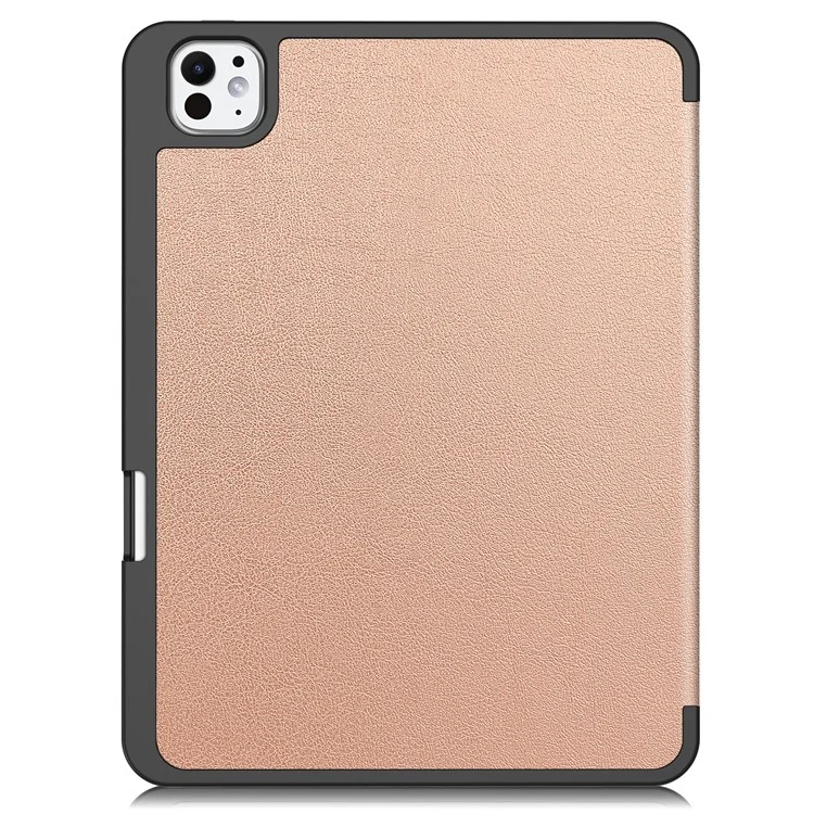 For iPad Pro 11 (2024) Leather Case Drop-proof Tri-fold Stand Tablet Cover with Pen Slot - Rose Gold