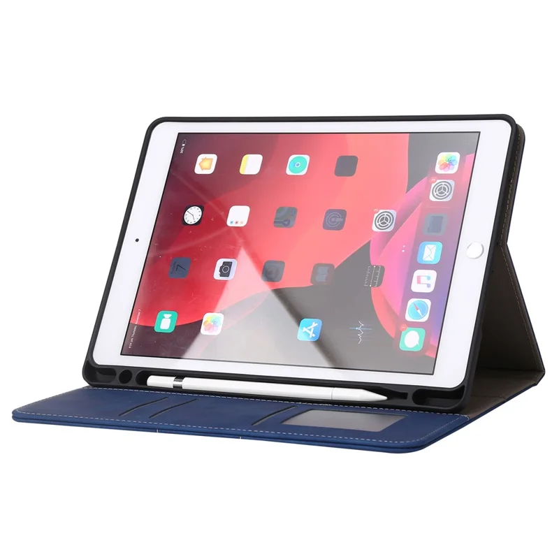 For iPad 10.2 (2021)  /  (2019)  /  (2020)  /  Air 10.5 inch (2019) Case Wallet Calf Texture Tablet Cover with Pens Slot - Dark Blue