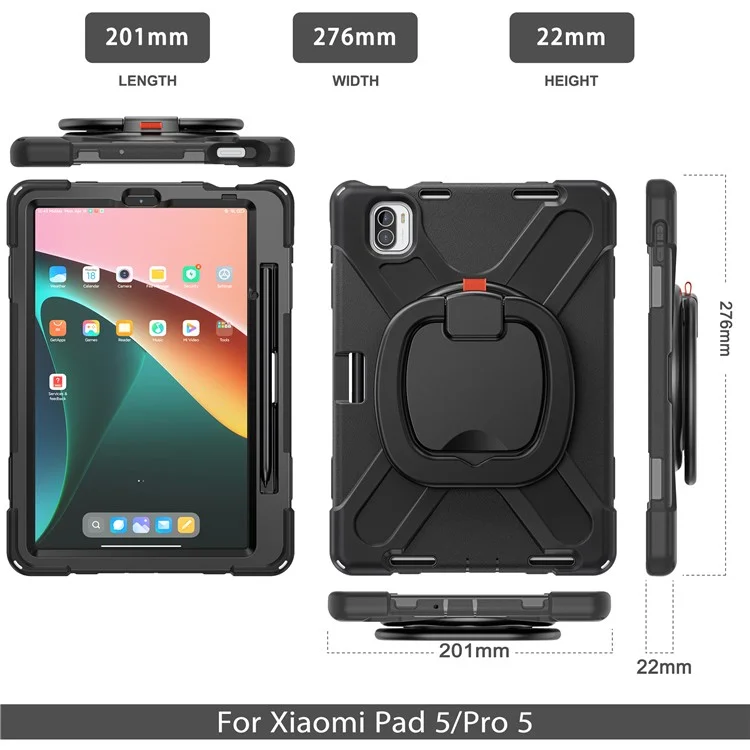 For Xiaomi Pad 5 Case Rugged Corner Protection PC+Silicone Tablet Cover with Rotating Kickstand - Black