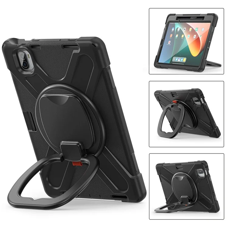 For Xiaomi Pad 5 Case Rugged Corner Protection PC+Silicone Tablet Cover with Rotating Kickstand - Black