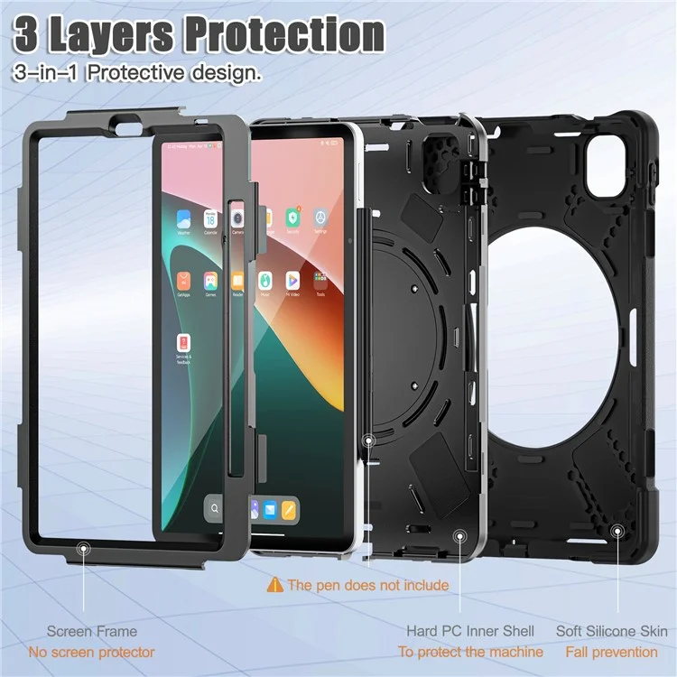For Xiaomi Pad 5 Case Rugged Corner Protection PC+Silicone Tablet Cover with Rotating Kickstand - Black