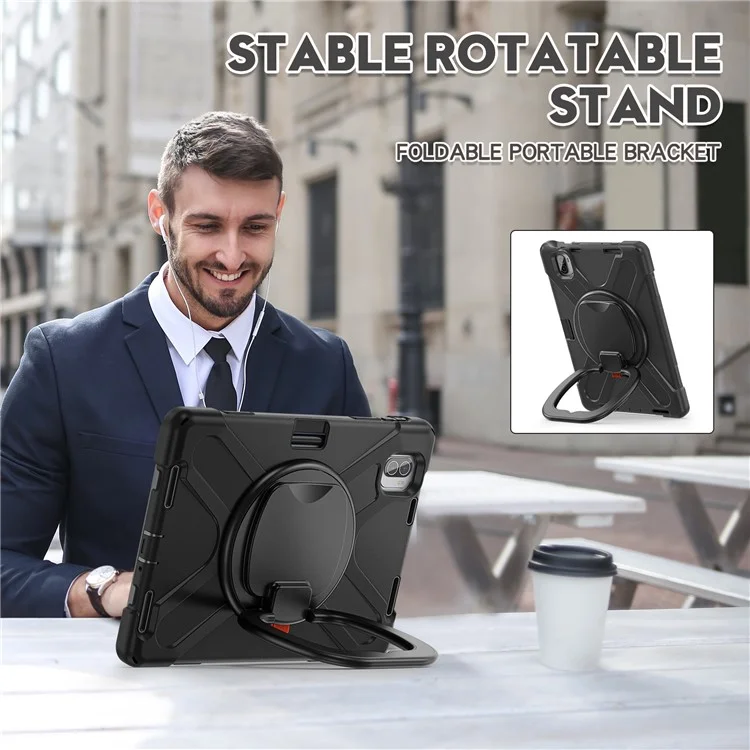For Xiaomi Pad 5 Case Rugged Corner Protection PC+Silicone Tablet Cover with Rotating Kickstand - Black