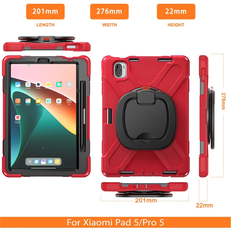 For Xiaomi Pad 5 Case Rugged Corner Protection PC+Silicone Tablet Cover with Rotating Kickstand - Red+Black