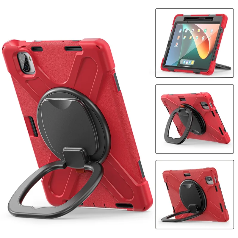 For Xiaomi Pad 5 Case Rugged Corner Protection PC+Silicone Tablet Cover with Rotating Kickstand - Red+Black