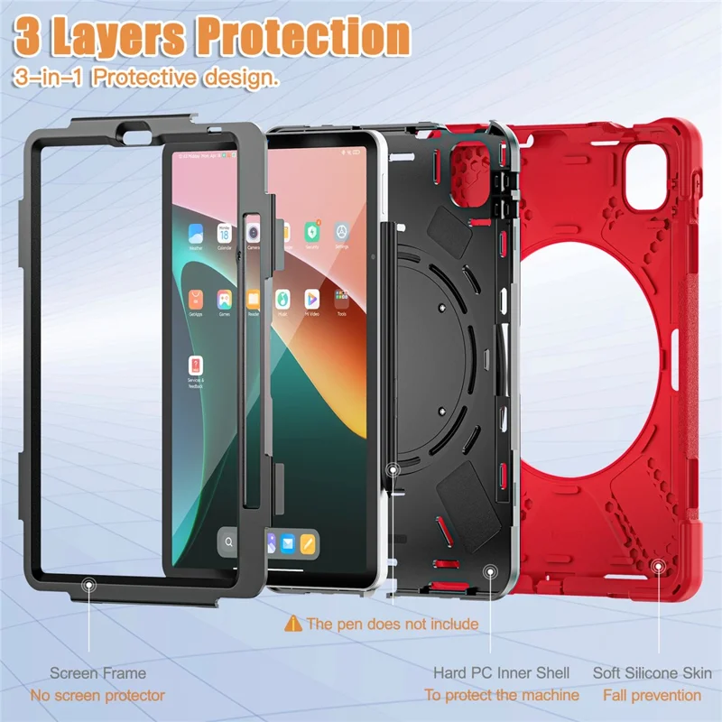 For Xiaomi Pad 5 Case Rugged Corner Protection PC+Silicone Tablet Cover with Rotating Kickstand - Red+Black