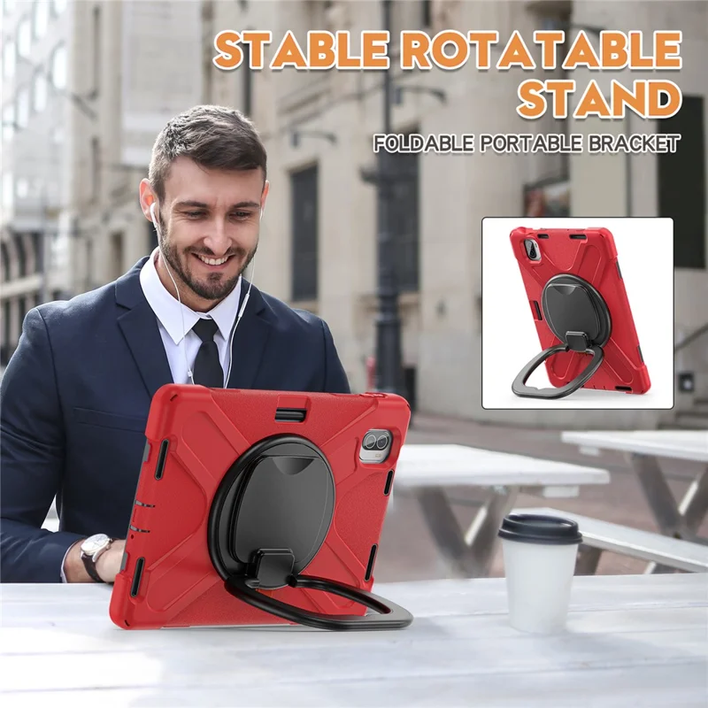 For Xiaomi Pad 5 Case Rugged Corner Protection PC+Silicone Tablet Cover with Rotating Kickstand - Red+Black