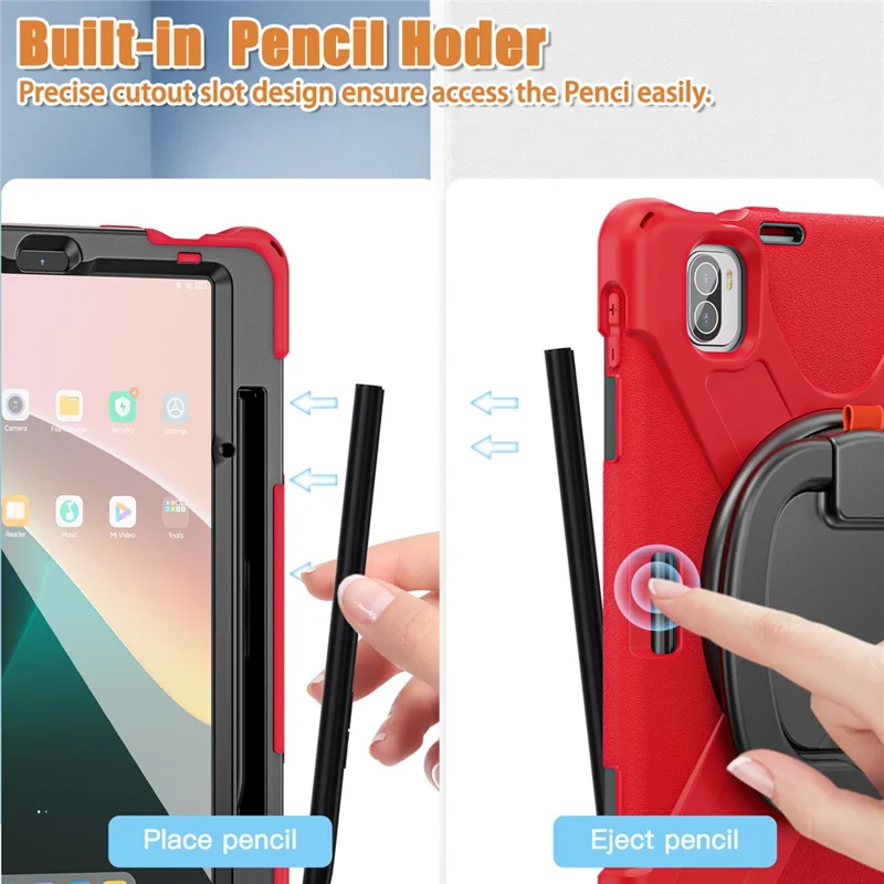 For Xiaomi Pad 5 Case Rugged Corner Protection PC+Silicone Tablet Cover with Rotating Kickstand - Red+Black