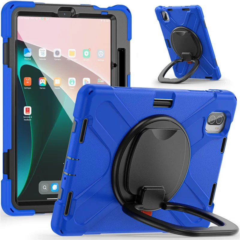 For Xiaomi Pad 5 Case Rugged Corner Protection PC+Silicone Tablet Cover with Rotating Kickstand - Blue+Black