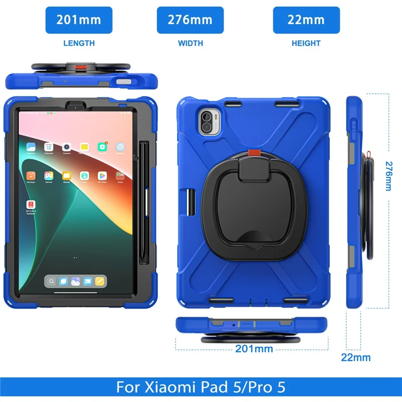 For Xiaomi Pad 5 Case Rugged Corner Protection PC+Silicone Tablet Cover with Rotating Kickstand - Blue+Black