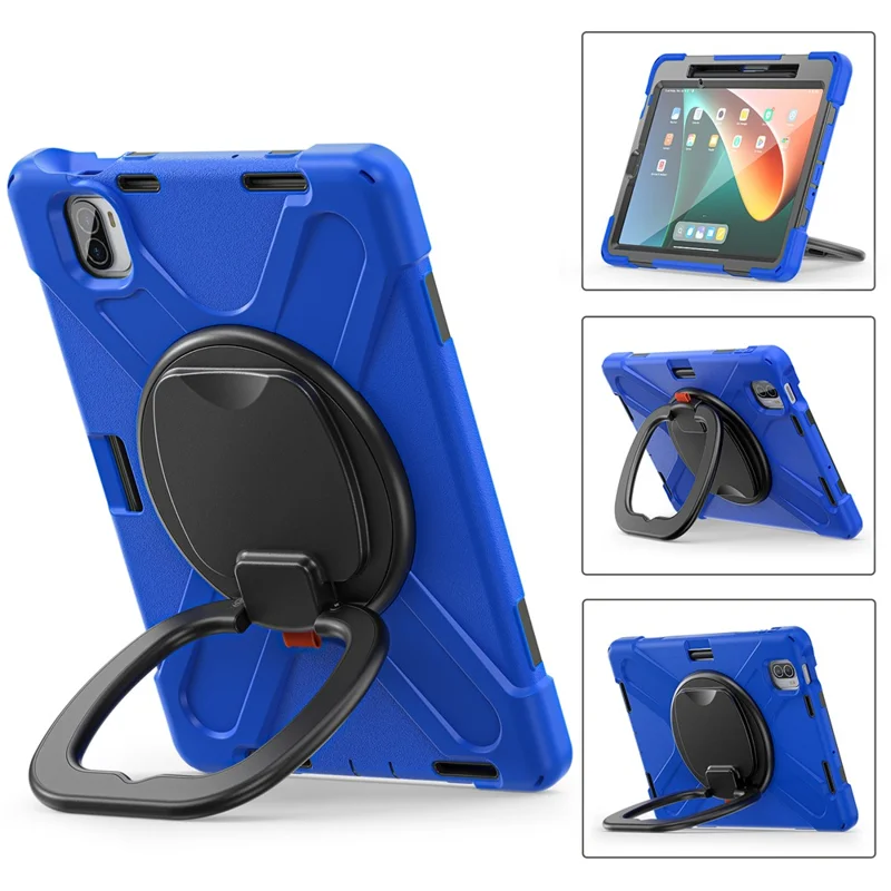 For Xiaomi Pad 5 Case Rugged Corner Protection PC+Silicone Tablet Cover with Rotating Kickstand - Blue+Black