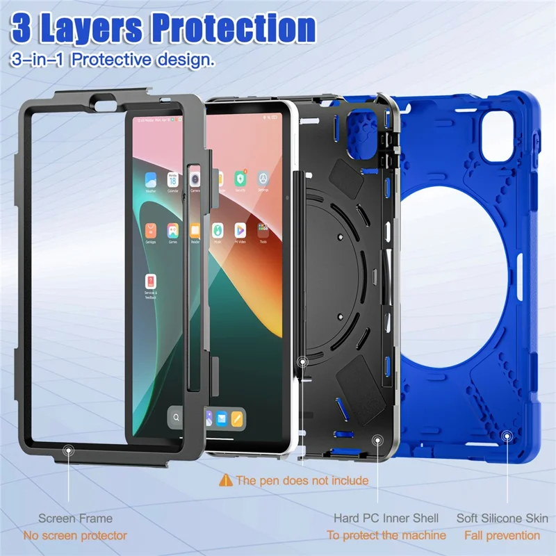 For Xiaomi Pad 5 Case Rugged Corner Protection PC+Silicone Tablet Cover with Rotating Kickstand - Blue+Black