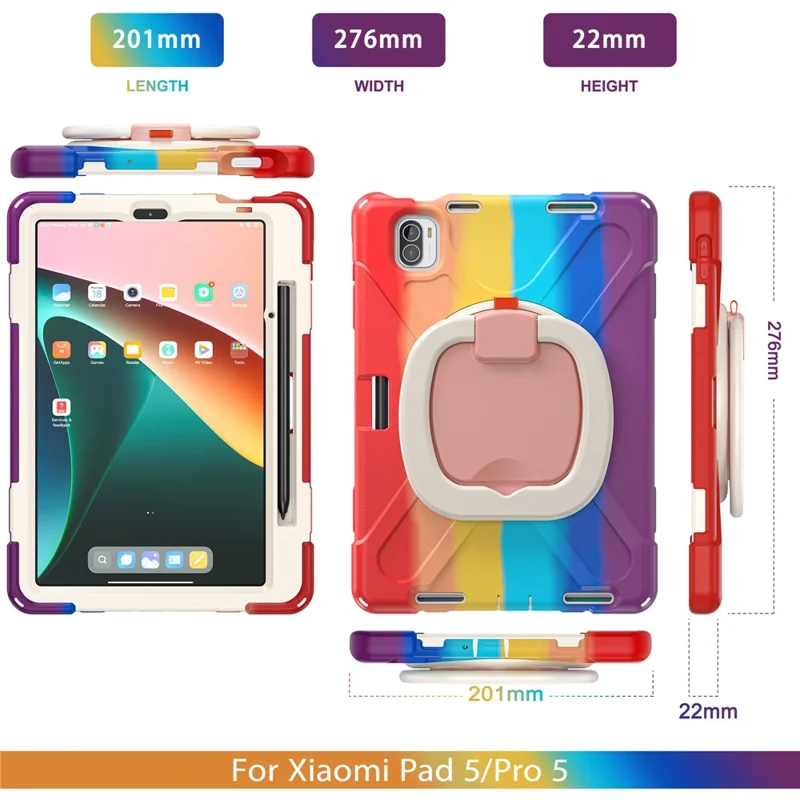 For Xiaomi Pad 5 Case Rugged Corner Protection PC+Silicone Tablet Cover with Rotating Kickstand - Colorful Red