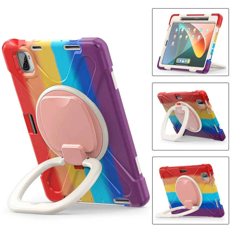 For Xiaomi Pad 5 Case Rugged Corner Protection PC+Silicone Tablet Cover with Rotating Kickstand - Colorful Red