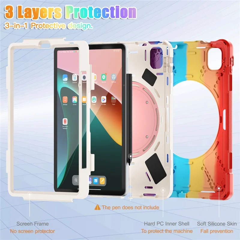 For Xiaomi Pad 5 Case Rugged Corner Protection PC+Silicone Tablet Cover with Rotating Kickstand - Colorful Red