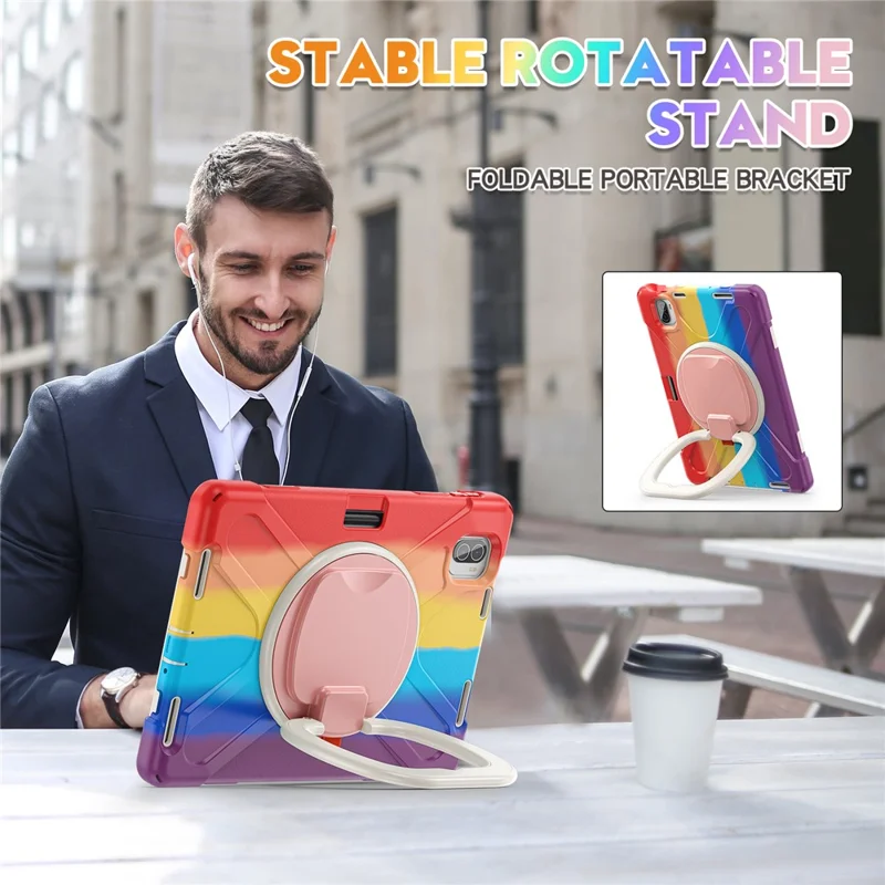 For Xiaomi Pad 5 Case Rugged Corner Protection PC+Silicone Tablet Cover with Rotating Kickstand - Colorful Red