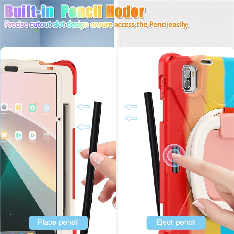 For Xiaomi Pad 5 Case Rugged Corner Protection PC+Silicone Tablet Cover with Rotating Kickstand - Colorful Red