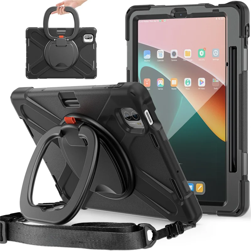 For Xiaomi Pad 5 Case PC+Silicone Shockproof Tablet Cover with Rotating Kickstand / Shoulder Strap - Black
