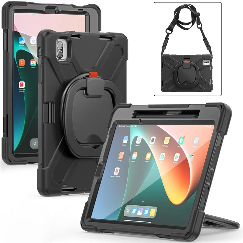 For Xiaomi Pad 5 Case PC+Silicone Shockproof Tablet Cover with Rotating Kickstand / Shoulder Strap - Black