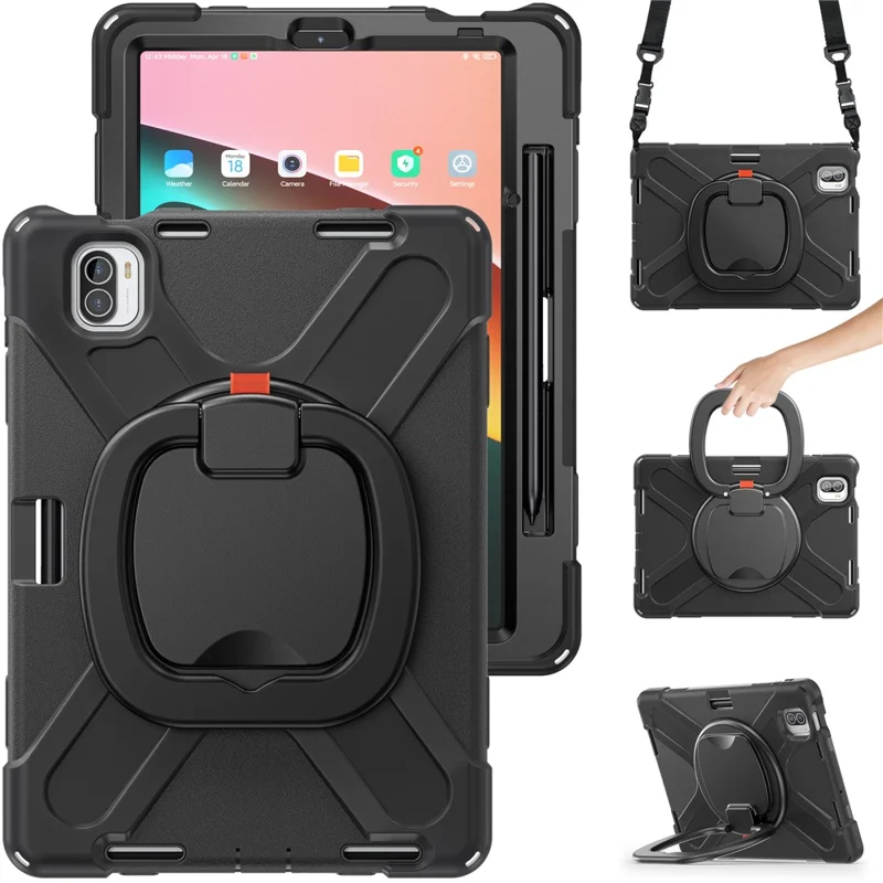 For Xiaomi Pad 5 Case PC+Silicone Shockproof Tablet Cover with Rotating Kickstand / Shoulder Strap - Black