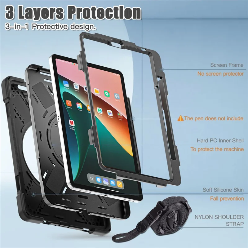For Xiaomi Pad 5 Case PC+Silicone Shockproof Tablet Cover with Rotating Kickstand / Shoulder Strap - Black