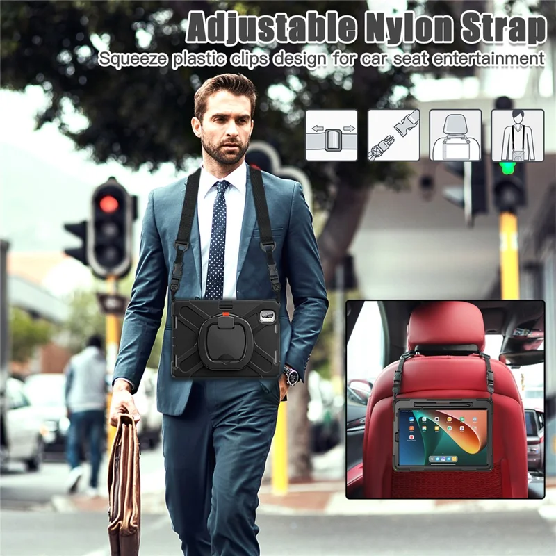For Xiaomi Pad 5 Case PC+Silicone Shockproof Tablet Cover with Rotating Kickstand / Shoulder Strap - Black