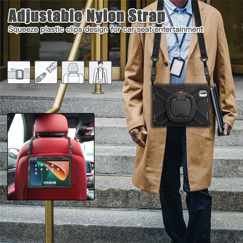 For Xiaomi Pad 5 Case PC+Silicone Shockproof Tablet Cover with Rotating Kickstand / Shoulder Strap - Black