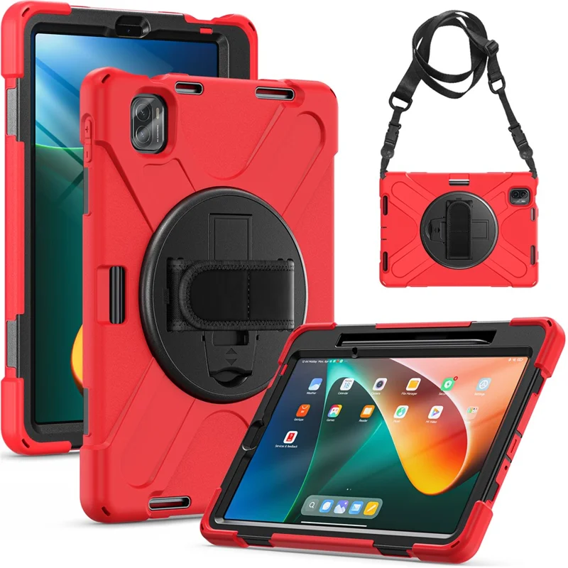 For Xiaomi Pad 5 Case Hand Strap Kickstand PC+Silicone Tablet Cover with Shoulder Strap - Red