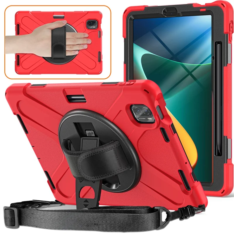 For Xiaomi Pad 5 Case Hand Strap Kickstand PC+Silicone Tablet Cover with Shoulder Strap - Red