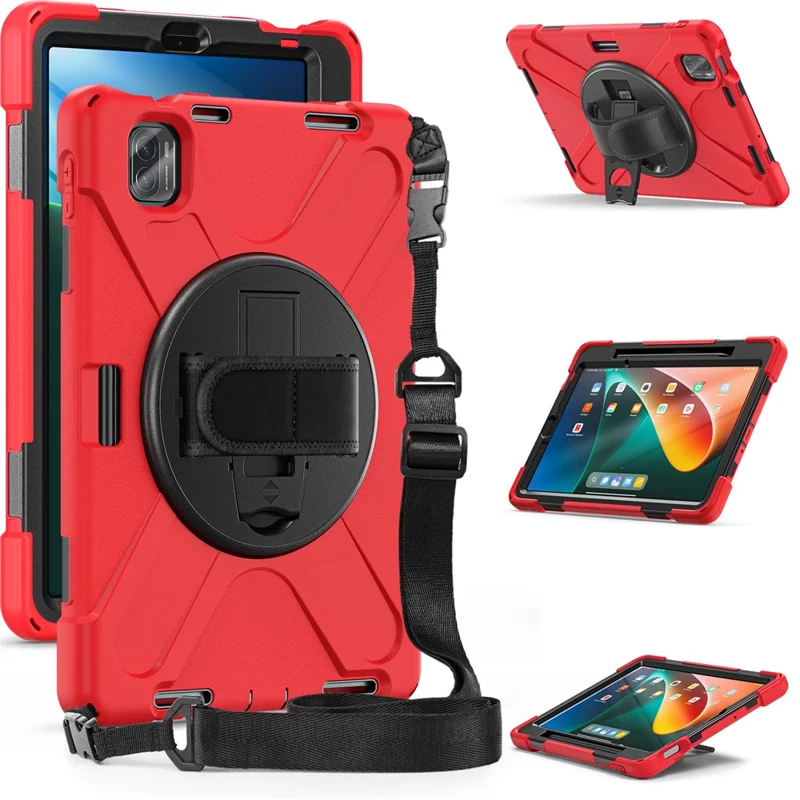For Xiaomi Pad 5 Case Hand Strap Kickstand PC+Silicone Tablet Cover with Shoulder Strap - Red