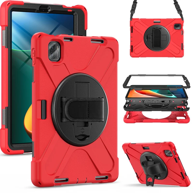 For Xiaomi Pad 5 Case Hand Strap Kickstand PC+Silicone Tablet Cover with Shoulder Strap - Red