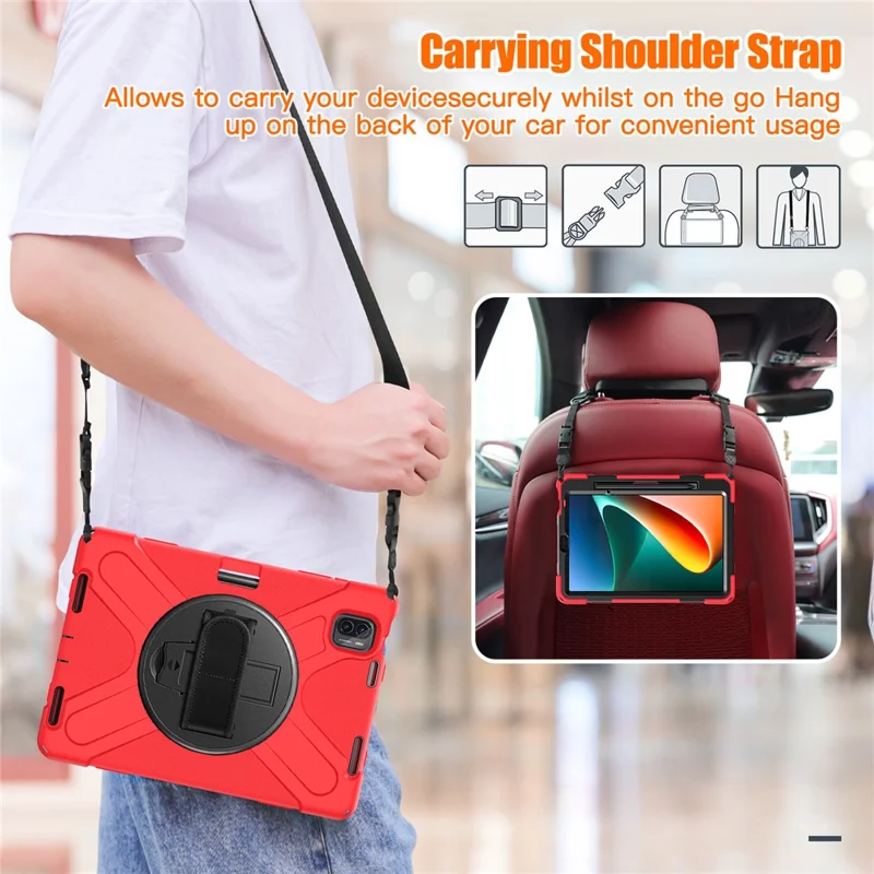 For Xiaomi Pad 5 Case Hand Strap Kickstand PC+Silicone Tablet Cover with Shoulder Strap - Red