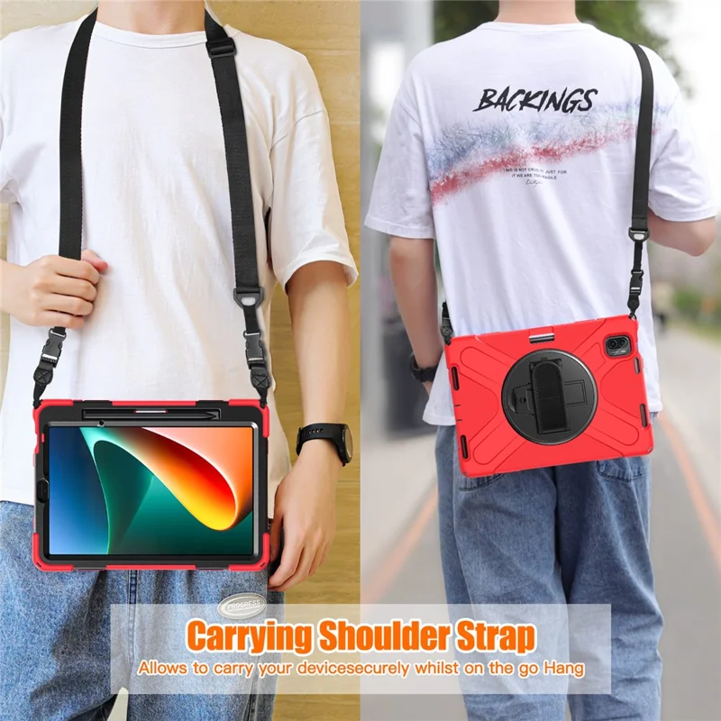 For Xiaomi Pad 5 Case Hand Strap Kickstand PC+Silicone Tablet Cover with Shoulder Strap - Red