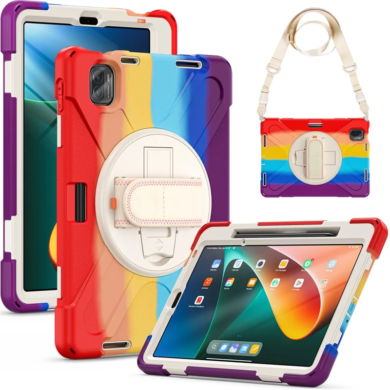 For Xiaomi Pad 5 Case Hand Strap Kickstand PC+Silicone Tablet Cover with Shoulder Strap - Colorful Red
