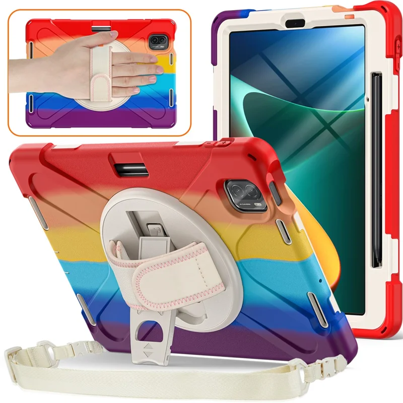 For Xiaomi Pad 5 Case Hand Strap Kickstand PC+Silicone Tablet Cover with Shoulder Strap - Colorful Red