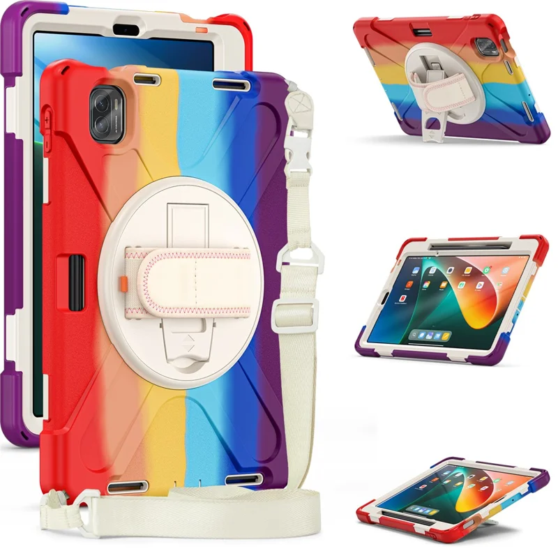 For Xiaomi Pad 5 Case Hand Strap Kickstand PC+Silicone Tablet Cover with Shoulder Strap - Colorful Red