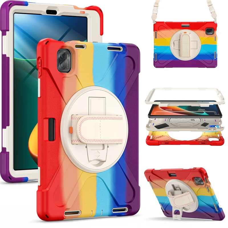 For Xiaomi Pad 5 Case Hand Strap Kickstand PC+Silicone Tablet Cover with Shoulder Strap - Colorful Red