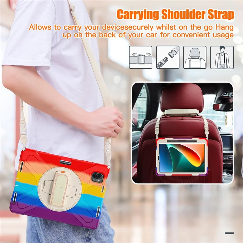 For Xiaomi Pad 5 Case Hand Strap Kickstand PC+Silicone Tablet Cover with Shoulder Strap - Colorful Red