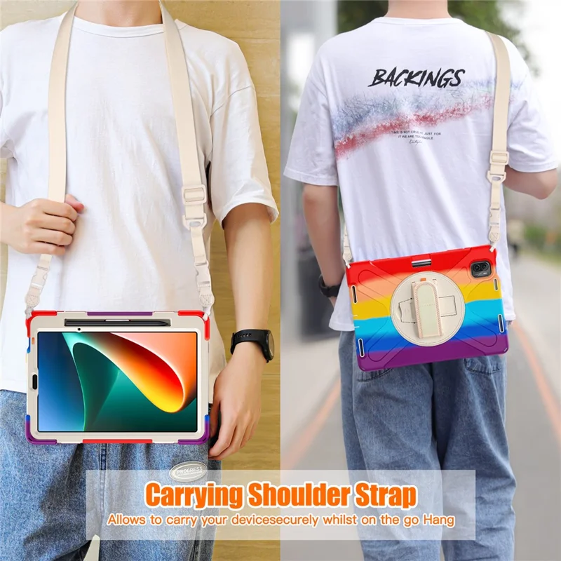 For Xiaomi Pad 5 Case Hand Strap Kickstand PC+Silicone Tablet Cover with Shoulder Strap - Colorful Red