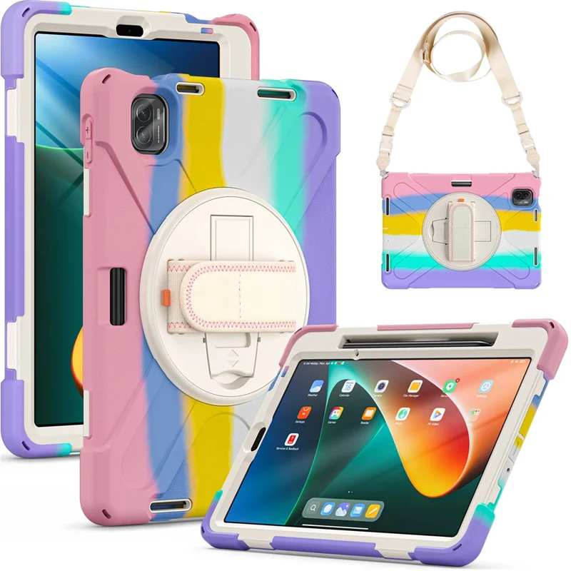 For Xiaomi Pad 5 Case Hand Strap Kickstand PC+Silicone Tablet Cover with Shoulder Strap - Colorful Pink