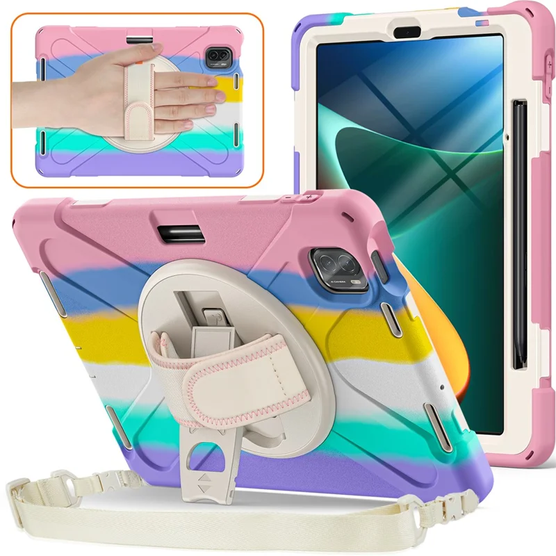 For Xiaomi Pad 5 Case Hand Strap Kickstand PC+Silicone Tablet Cover with Shoulder Strap - Colorful Pink