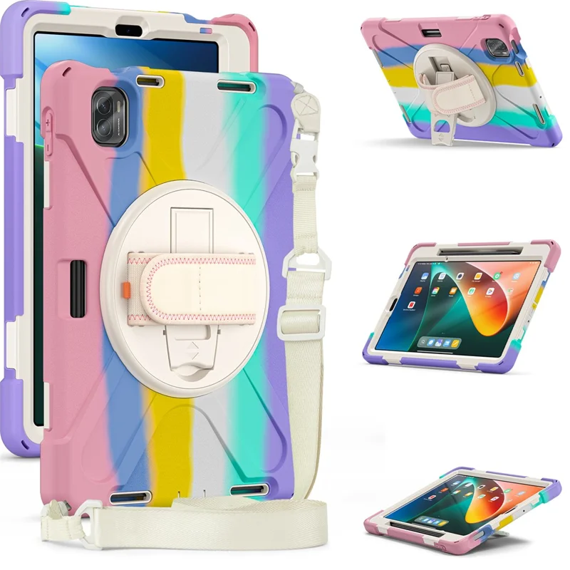 For Xiaomi Pad 5 Case Hand Strap Kickstand PC+Silicone Tablet Cover with Shoulder Strap - Colorful Pink